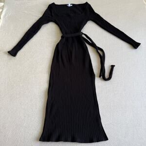 TOPSHOP Black Ribbed Knit Long Sleeve Side Slit Midi Dress Tie Waist Womens US 6